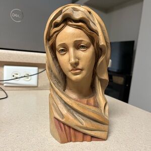Vintage Anri Hand Carved Virgin Mary Bust – Italy Mid-Century Carved Wood